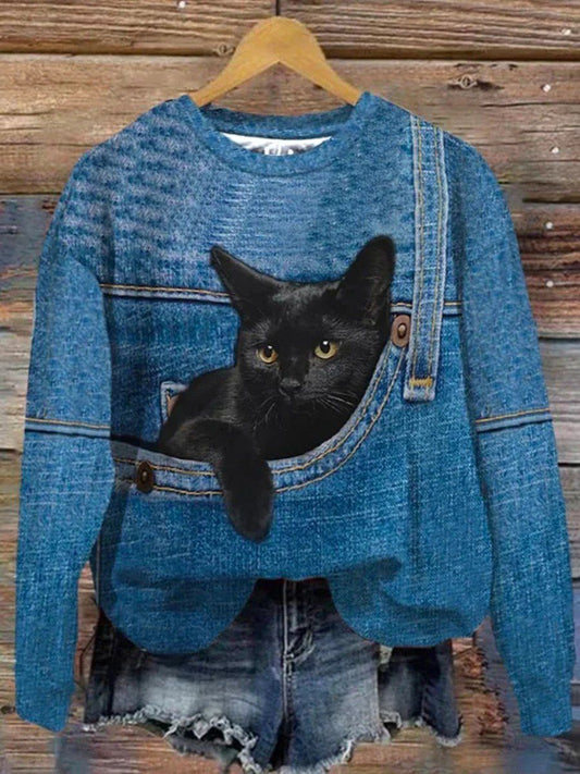 Sweat-shirt décontracté à imprimé chat en denim pour femmes