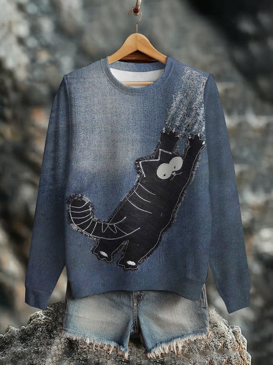 Sweat-shirt décontracté à imprimé chat en denim pour femmes