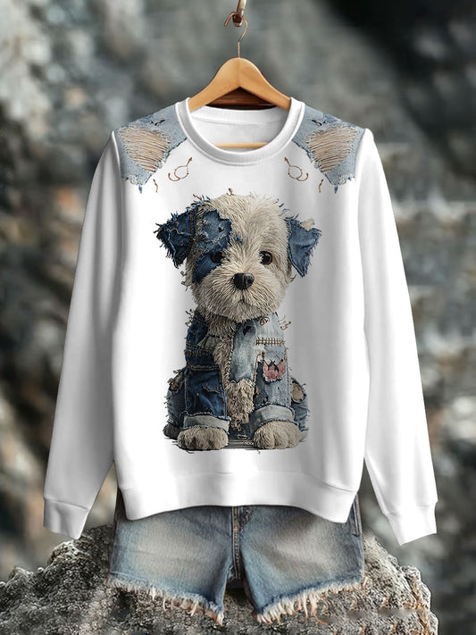 Sweat-shirt décontracté à imprimé chien en denim pour femmes