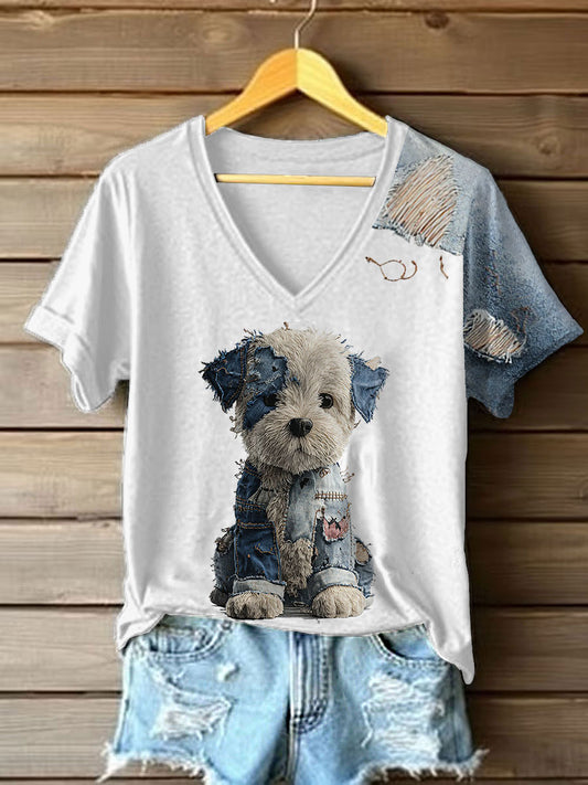 T-shirt à col en V à imprimé chien en denim pour femmes
