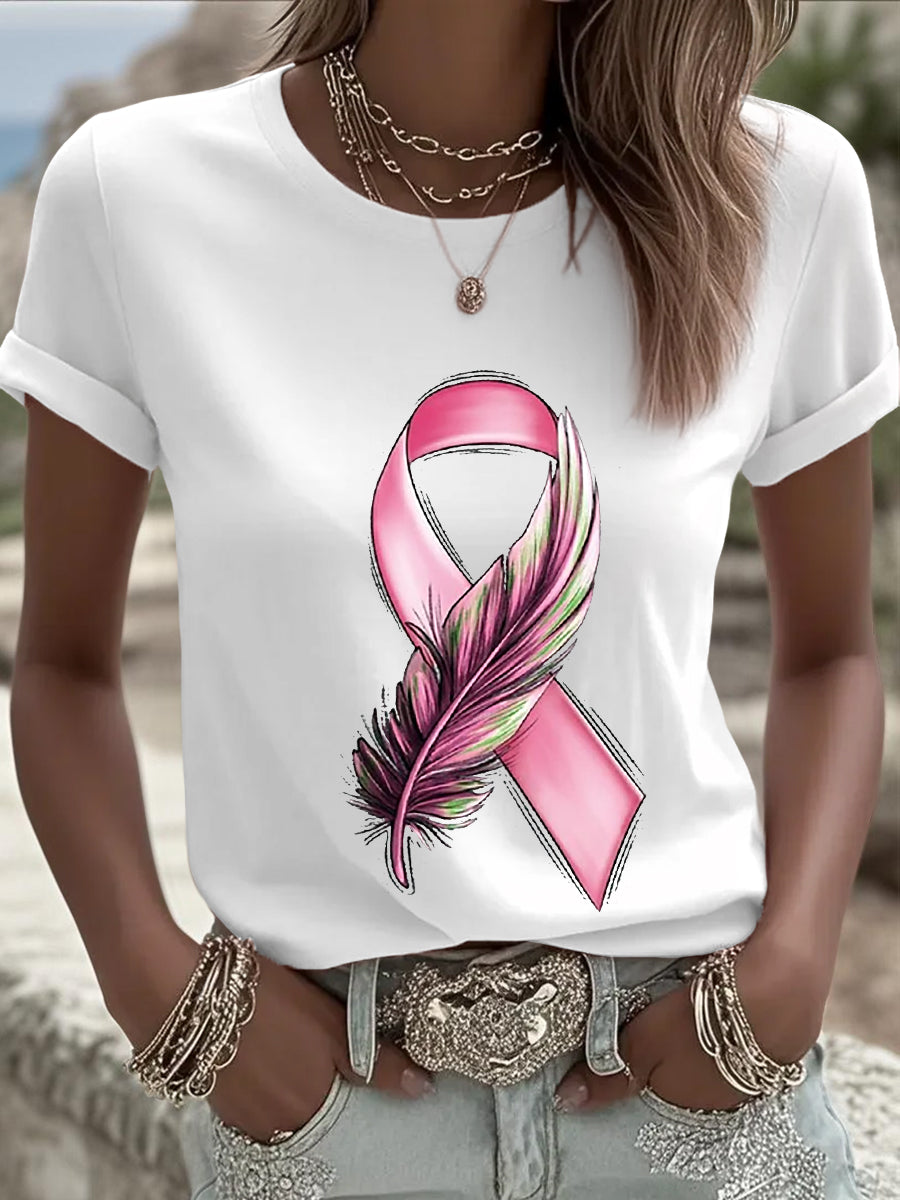 T-shirt femme ruban rose à manches courtes sensibilisation au cancer du sein