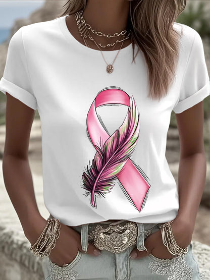 T-shirt femme ruban rose à manches courtes sensibilisation au cancer du sein
