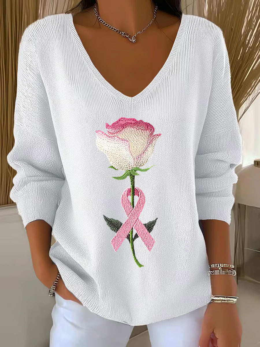 Haut Décontracté Femme Rose Ruban Imprimé Sensibilisation Au Cancer Du Sein