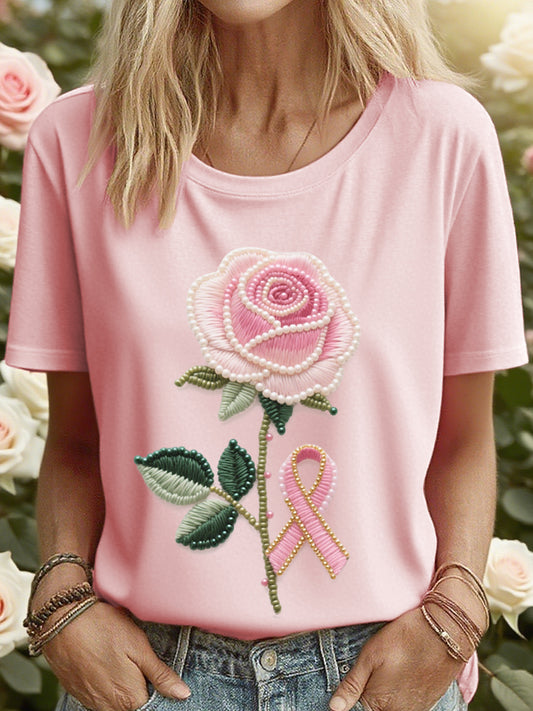 Tee-shirt Femme Rose Brodé Rose Ruban