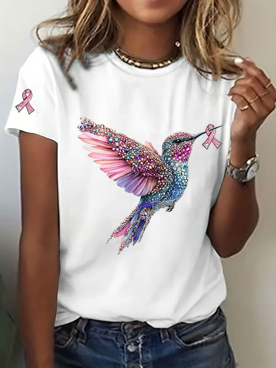 T-shirt décontracté imprimé Colibri de sensibilisation au cancer du sein pour femmes