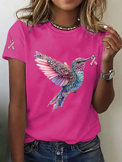 T-shirt décontracté imprimé Colibri de sensibilisation au cancer du sein pour femmes