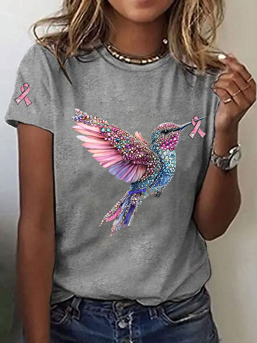 T-shirt décontracté imprimé Colibri de sensibilisation au cancer du sein pour femmes