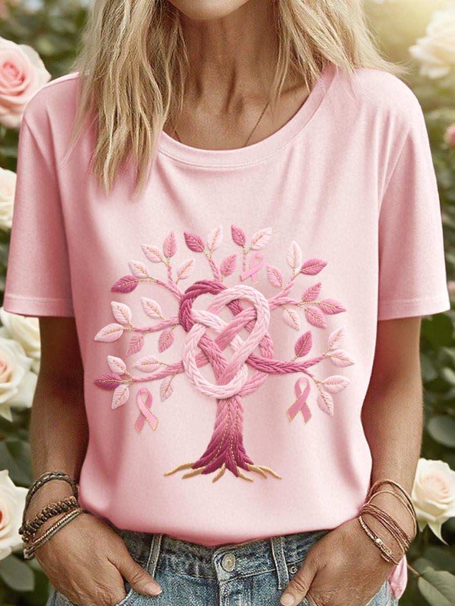T-shirt brodé Arbre de vie rose pour femme