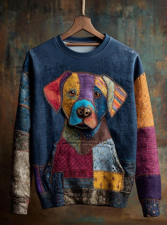 Vintage Patchwork Dog Art Print Sweat-shirt décontracté pour femmes