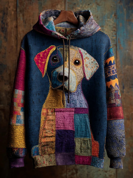 Sweat à Capuche Décontracté Vintage Patchwork Chien Imprimé Art