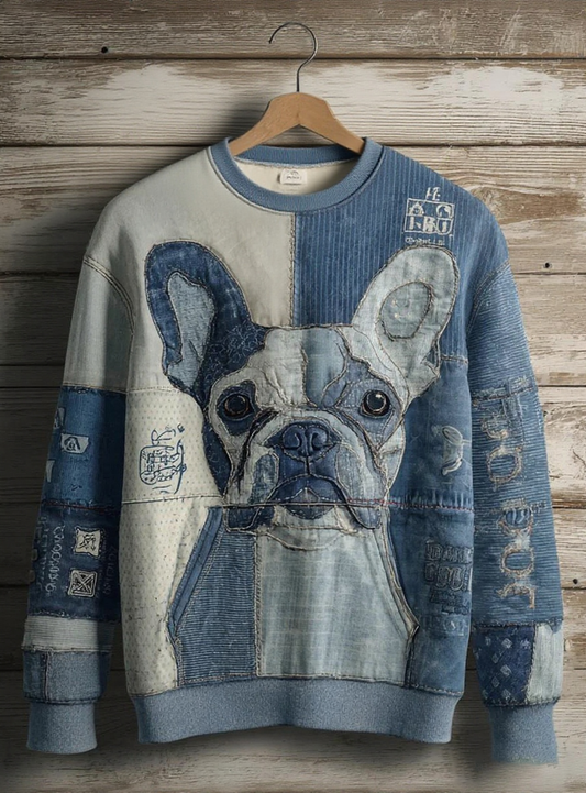 Sweat-shirt décontracté à imprimé chien en denim pour femmes