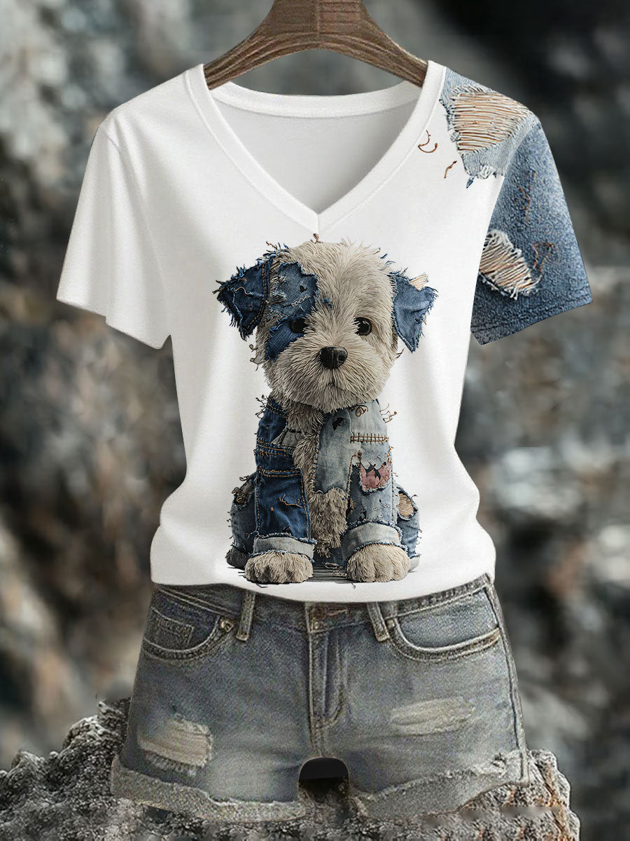 T-shirt à col en V à imprimé chien en denim pour femmes