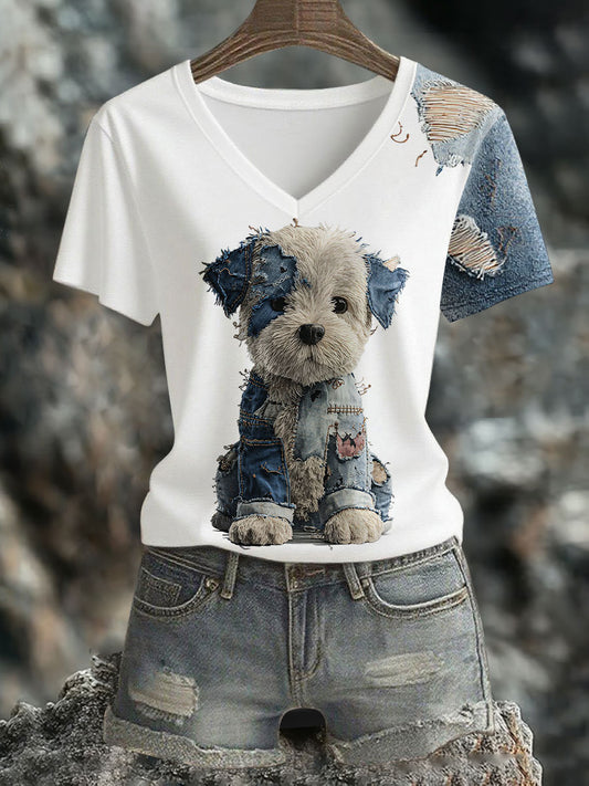 T-shirt à col en V à imprimé chien en denim pour femmes