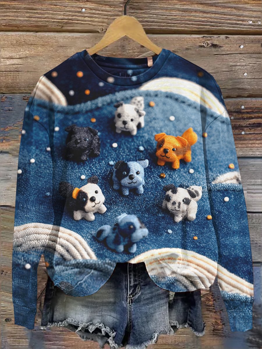 Sweat-shirt décontracté à imprimé chien en denim pour femmes