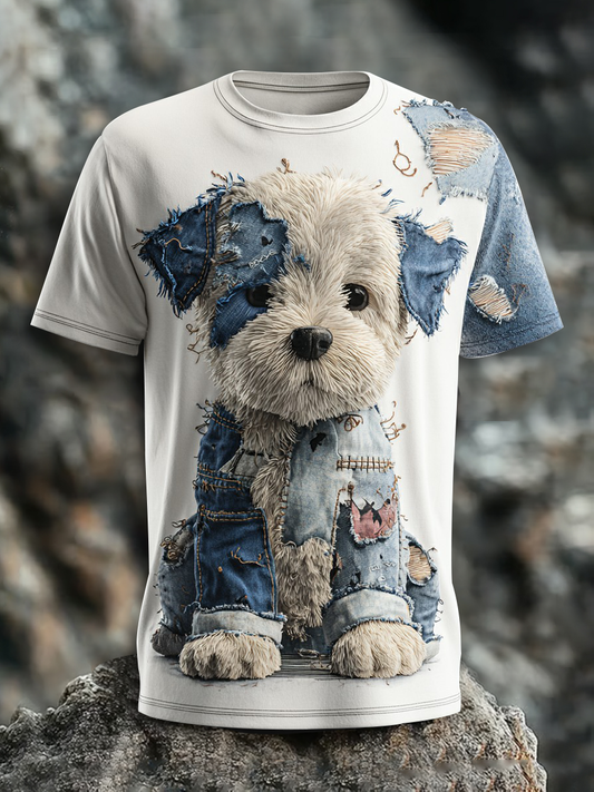 T-shirt à imprimé de chien en denim pour hommes