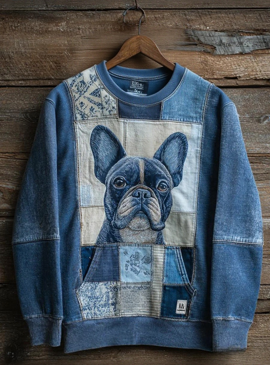 Sweat-shirt décontracté à imprimé chien en denim pour femmes