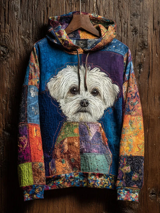 Sweat à Capuche Décontracté Vintage Patchwork Chien Imprimé Art