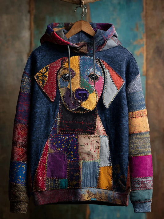 Sweat à Capuche Décontracté Vintage Patchwork Chien Imprimé Art