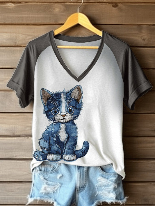 T-shirt à col en V en denim imprimé chat pour femmes
