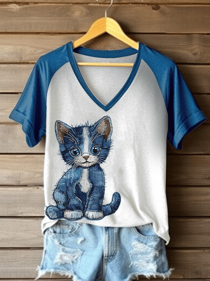 T-shirt à col en V en denim imprimé chat pour femmes