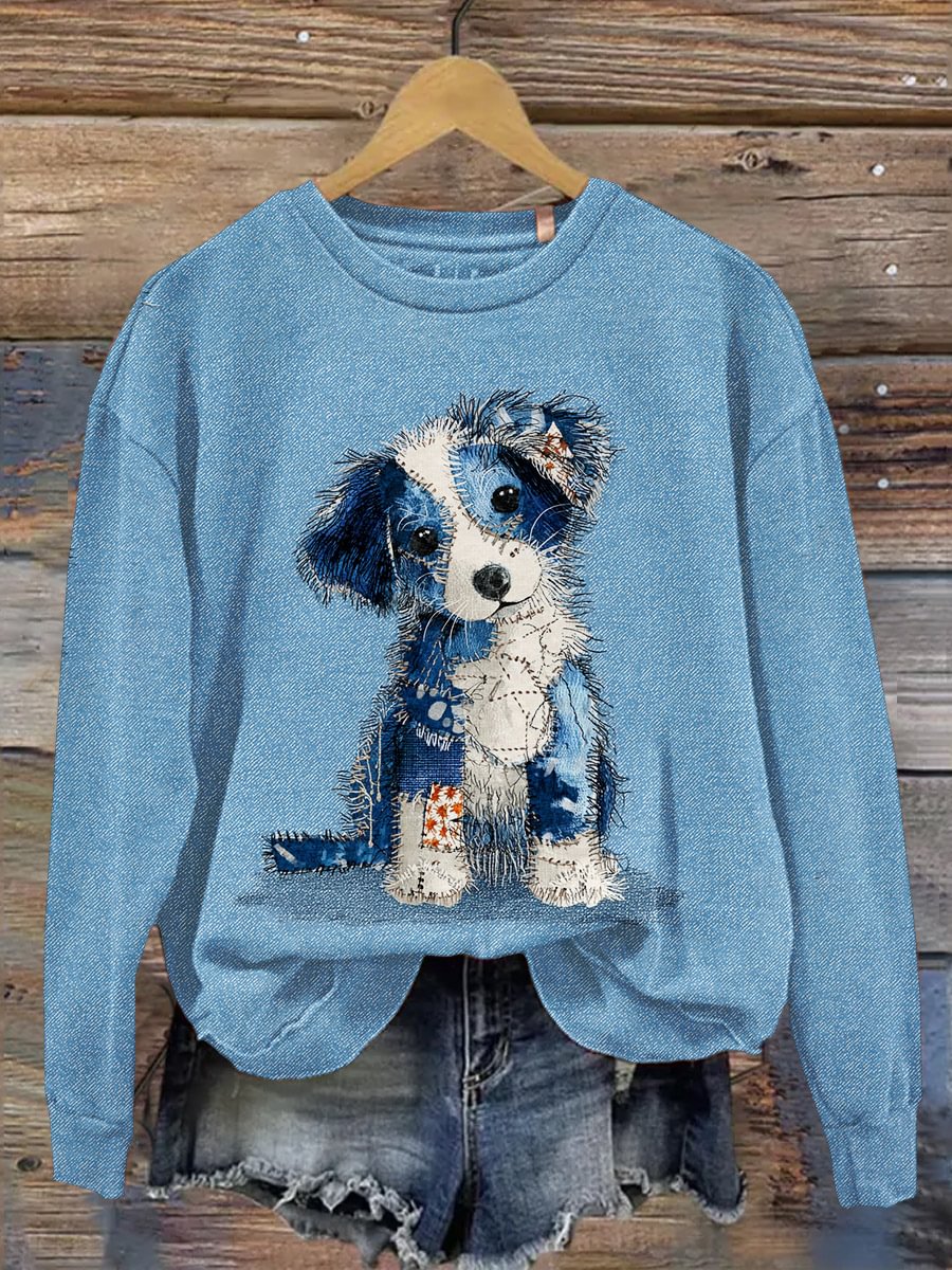 Sweat-shirt décontracté à imprimé chien en denim pour femmes