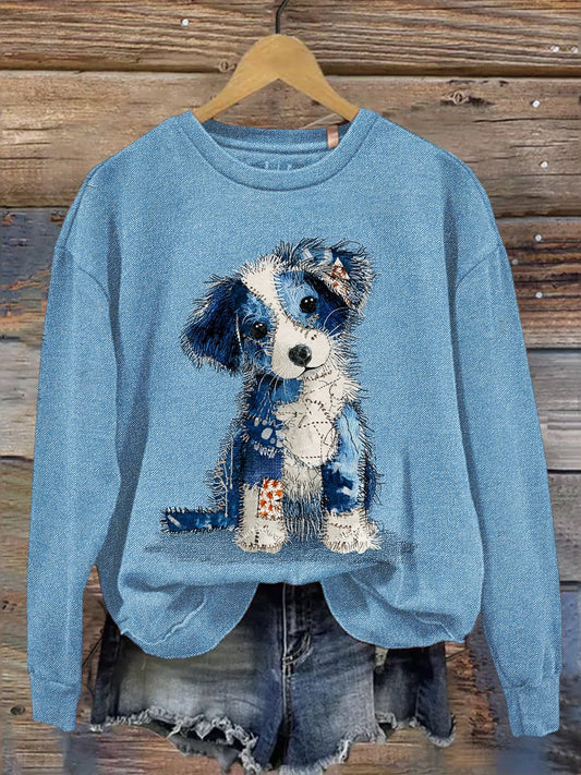 Sweat-shirt décontracté à imprimé chien en denim pour femmes