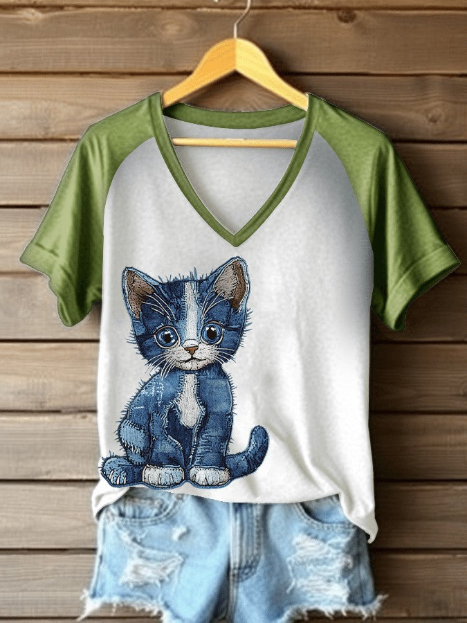 T-shirt à col en V en denim imprimé chat pour femmes