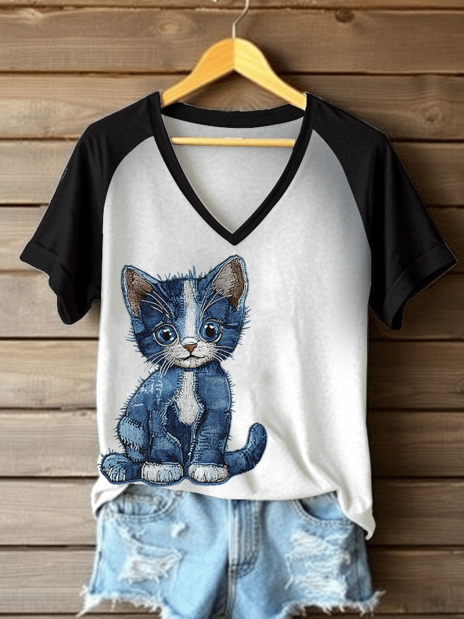 T-shirt à col en V en denim imprimé chat pour femmes