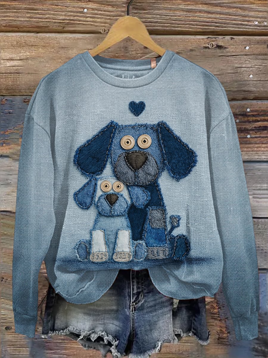 Sweat-shirt décontracté à imprimé chien en denim pour femmes