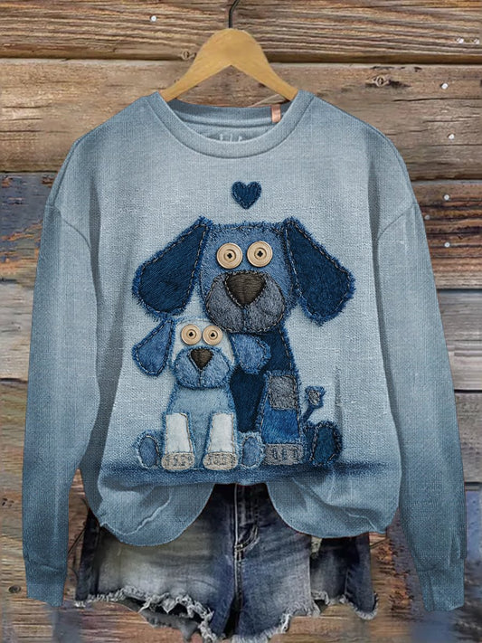 Sweat-shirt décontracté à imprimé chien en denim pour femmes