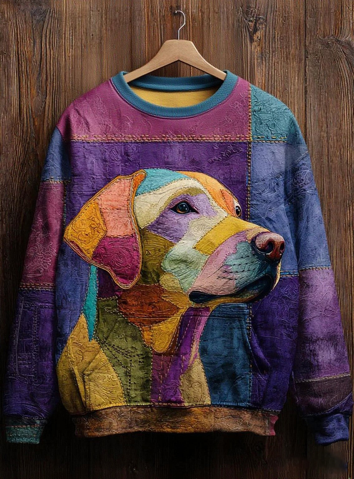 Vintage Patchwork Dog Art Print Sweat-shirt décontracté pour femmes
