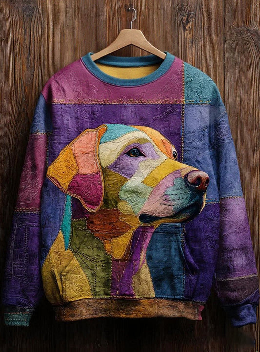 Vintage Patchwork Dog Art Print Sweat-shirt décontracté pour femmes