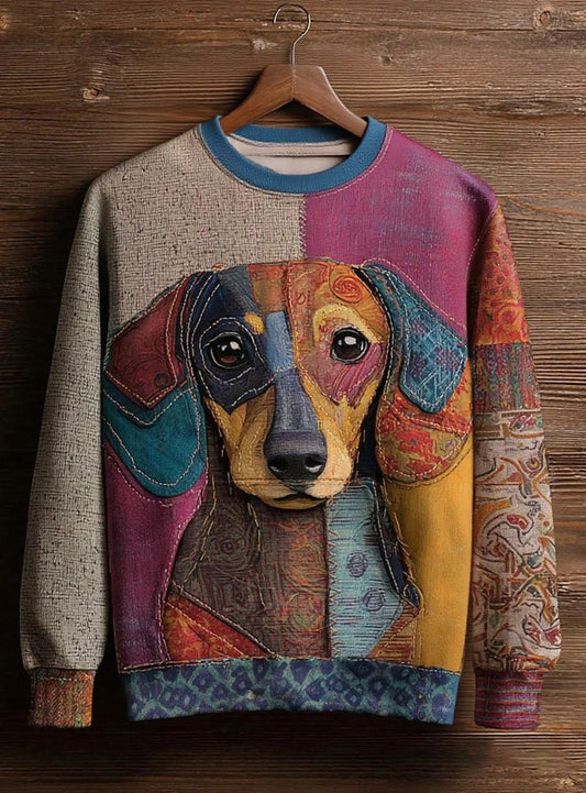 Vintage Patchwork Dog Art Print Sweat-shirt décontracté pour femmes