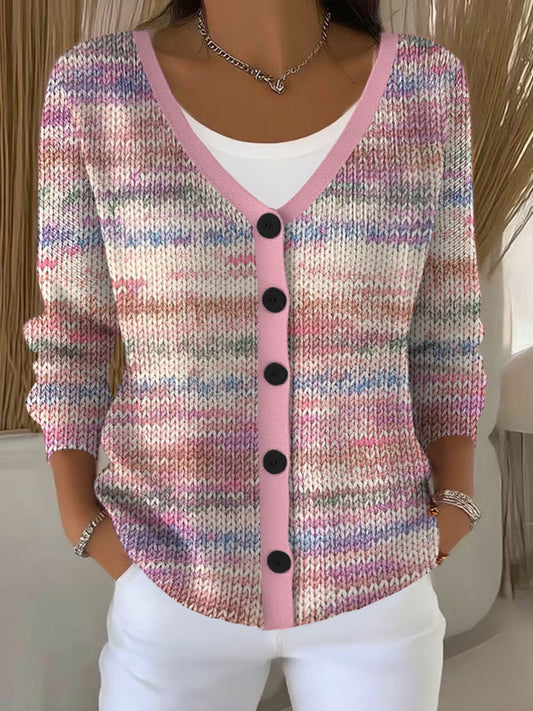 Cardigan Décontracté Femme Rose À Rayures
