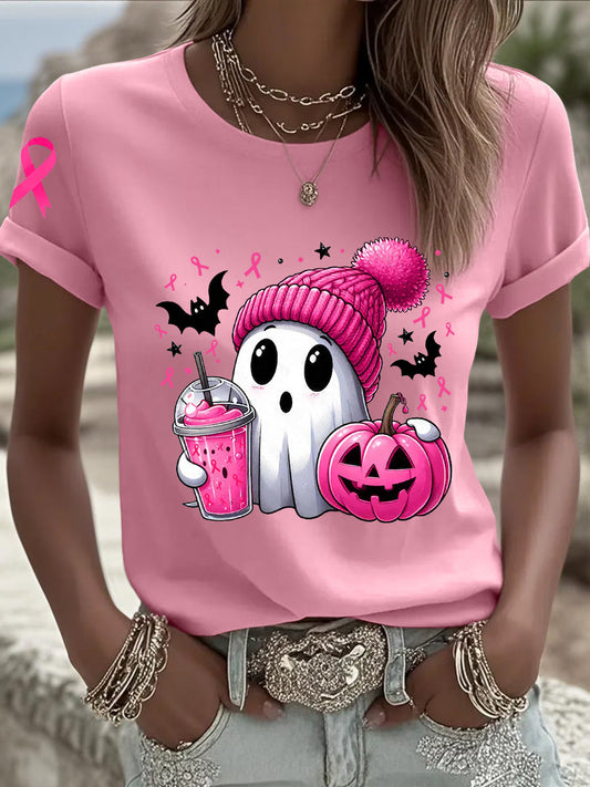 Sensibilisation au cancer du sein des femmes en octobre Nous portons un t-shirt à manches courtes rose à ruban rose