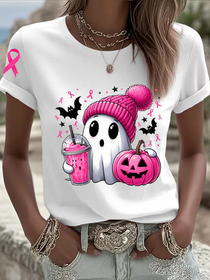 Sensibilisation au cancer du sein des femmes en octobre Nous portons un t-shirt à manches courtes rose à ruban rose