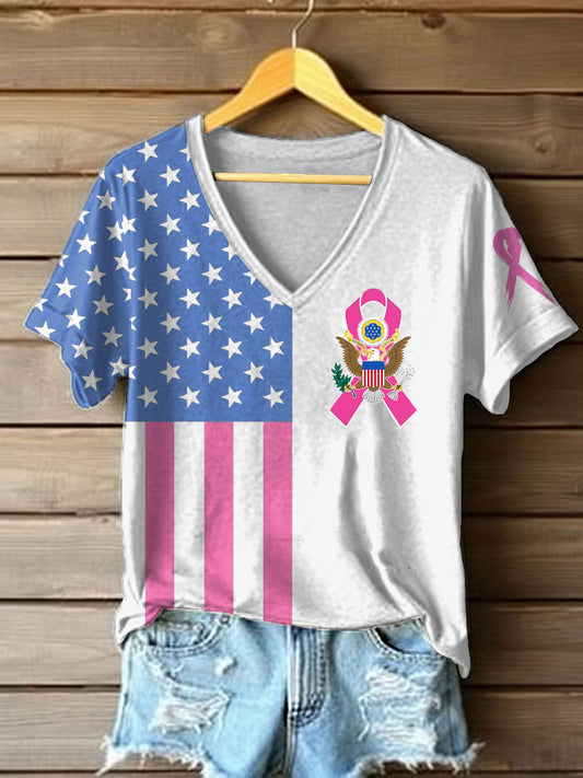 T-shirt imprimé du drapeau américain de sensibilisation au cancer du sein pour femmes