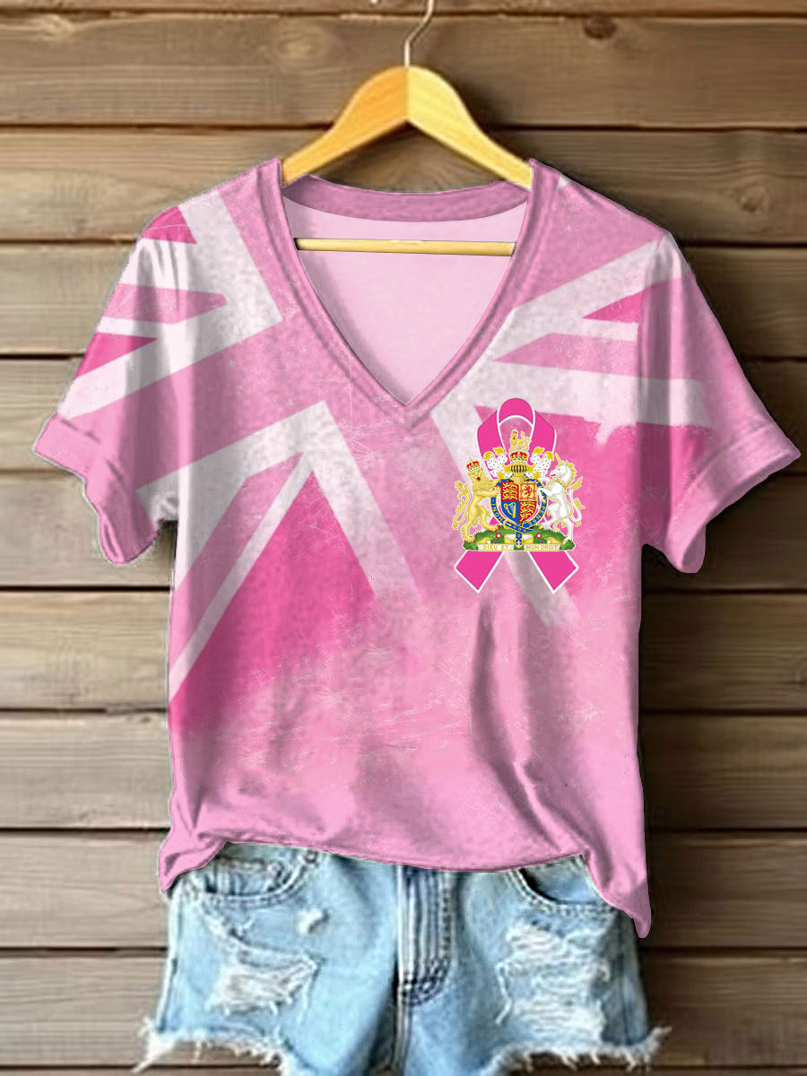 T-shirt imprimé drapeau britannique sensibilisation au cancer du sein pour femmes