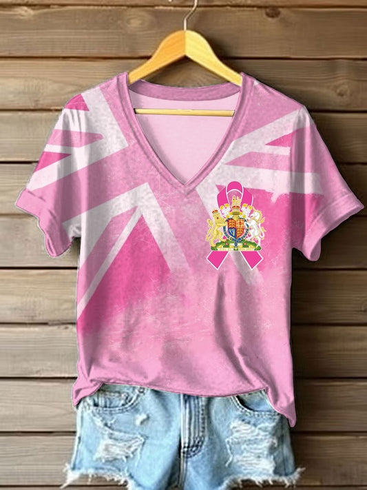 T-shirt imprimé drapeau britannique sensibilisation au cancer du sein pour femmes