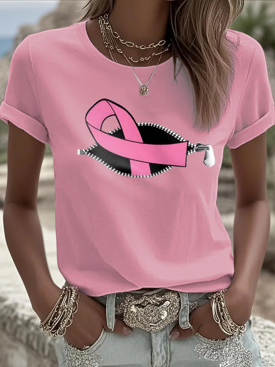 T-shirt femme ruban rose à manches courtes sensibilisation au cancer du sein