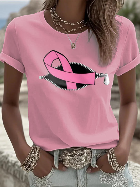 T-shirt femme ruban rose à manches courtes sensibilisation au cancer du sein