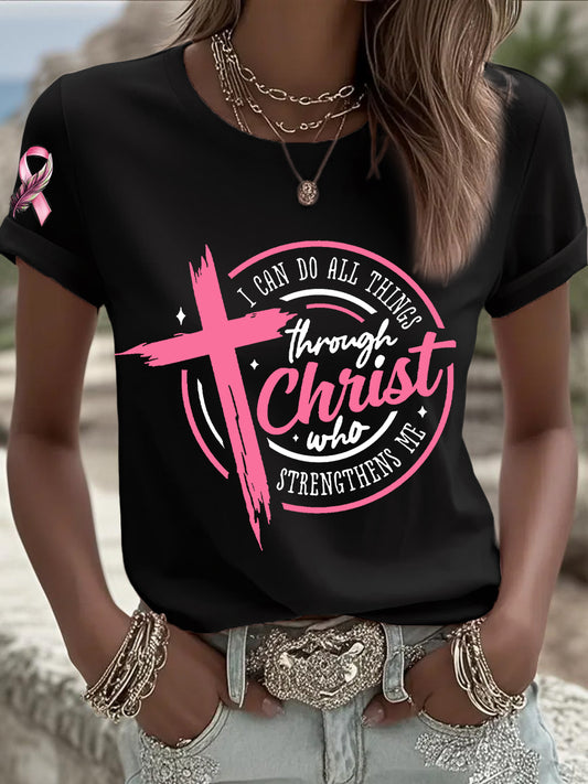 Sensibilisation au cancer du sein des femmes Je peux faire toutes les choses à travers le Christ T-shirt ruban rose