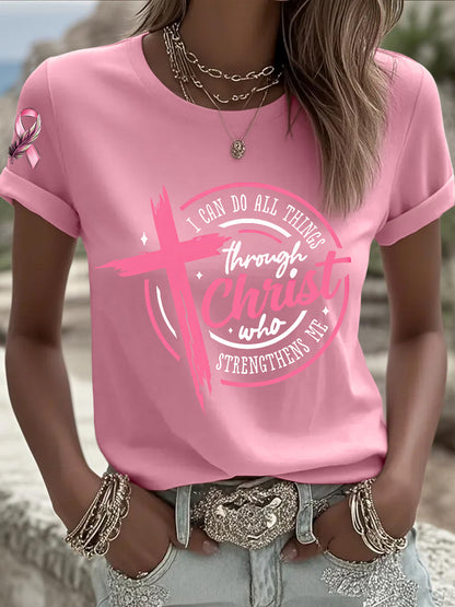 Sensibilisation au cancer du sein des femmes Je peux faire toutes les choses à travers le Christ T-shirt ruban rose