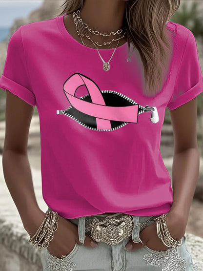 T-shirt femme ruban rose à manches courtes sensibilisation au cancer du sein
