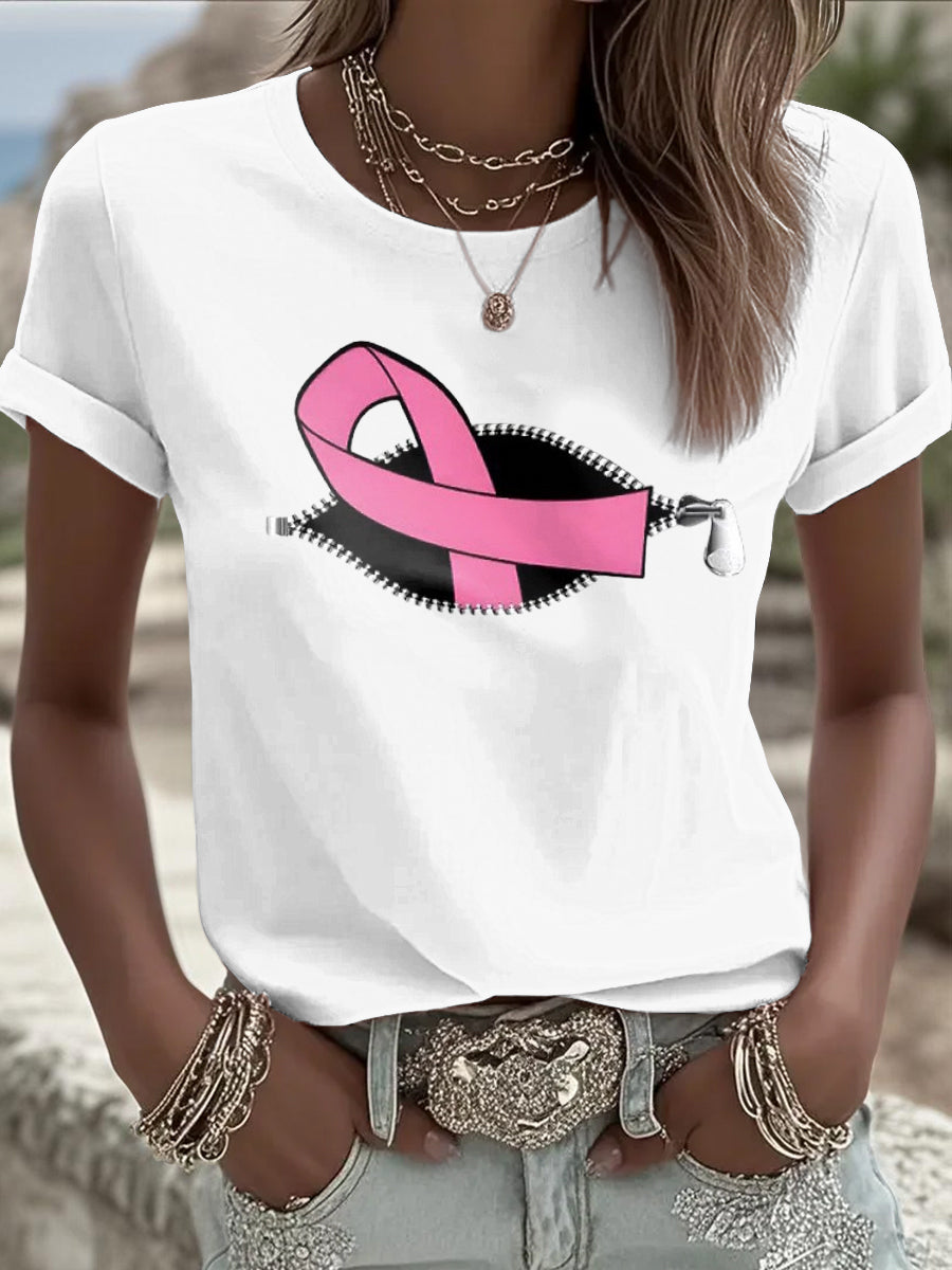 T-shirt femme ruban rose à manches courtes sensibilisation au cancer du sein