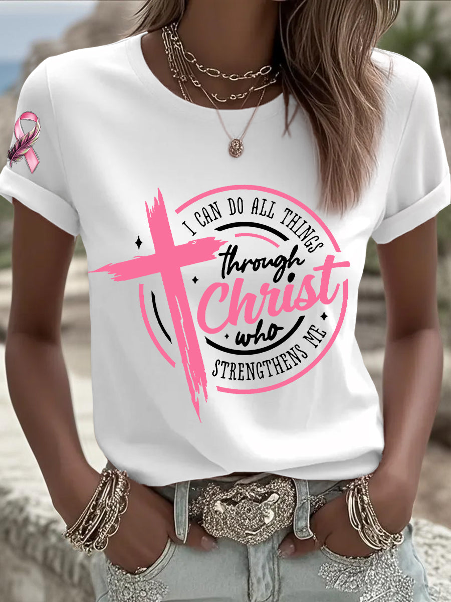 Sensibilisation au cancer du sein des femmes Je peux faire toutes les choses à travers le Christ T-shirt ruban rose