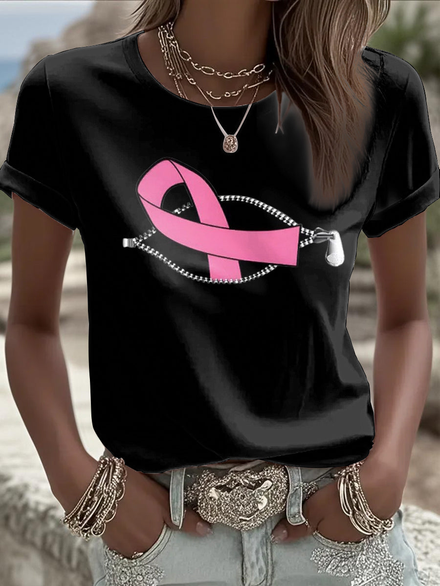 T-shirt femme ruban rose à manches courtes sensibilisation au cancer du sein
