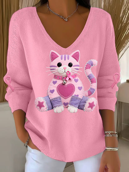 Haut à manches longues Femme Chat Rose Ruban de Soutien de Sensibilisation au Cancer du Sein