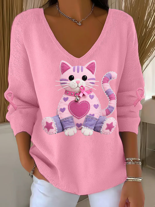 Haut à manches longues Femme Chat Rose Ruban de Soutien de Sensibilisation au Cancer du Sein