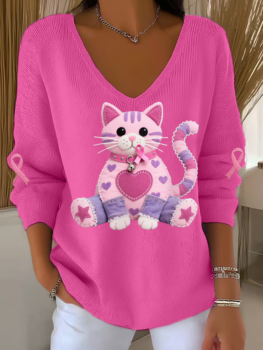 Haut à manches longues Femme Chat Rose Ruban de Soutien de Sensibilisation au Cancer du Sein